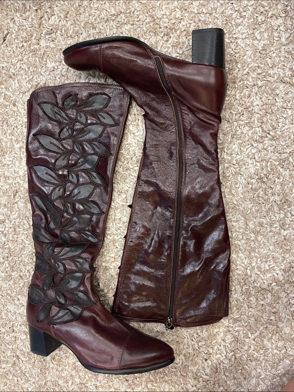 Women's Burgundy Leather Knee-High Heeled Boots with Leaf Appliqué